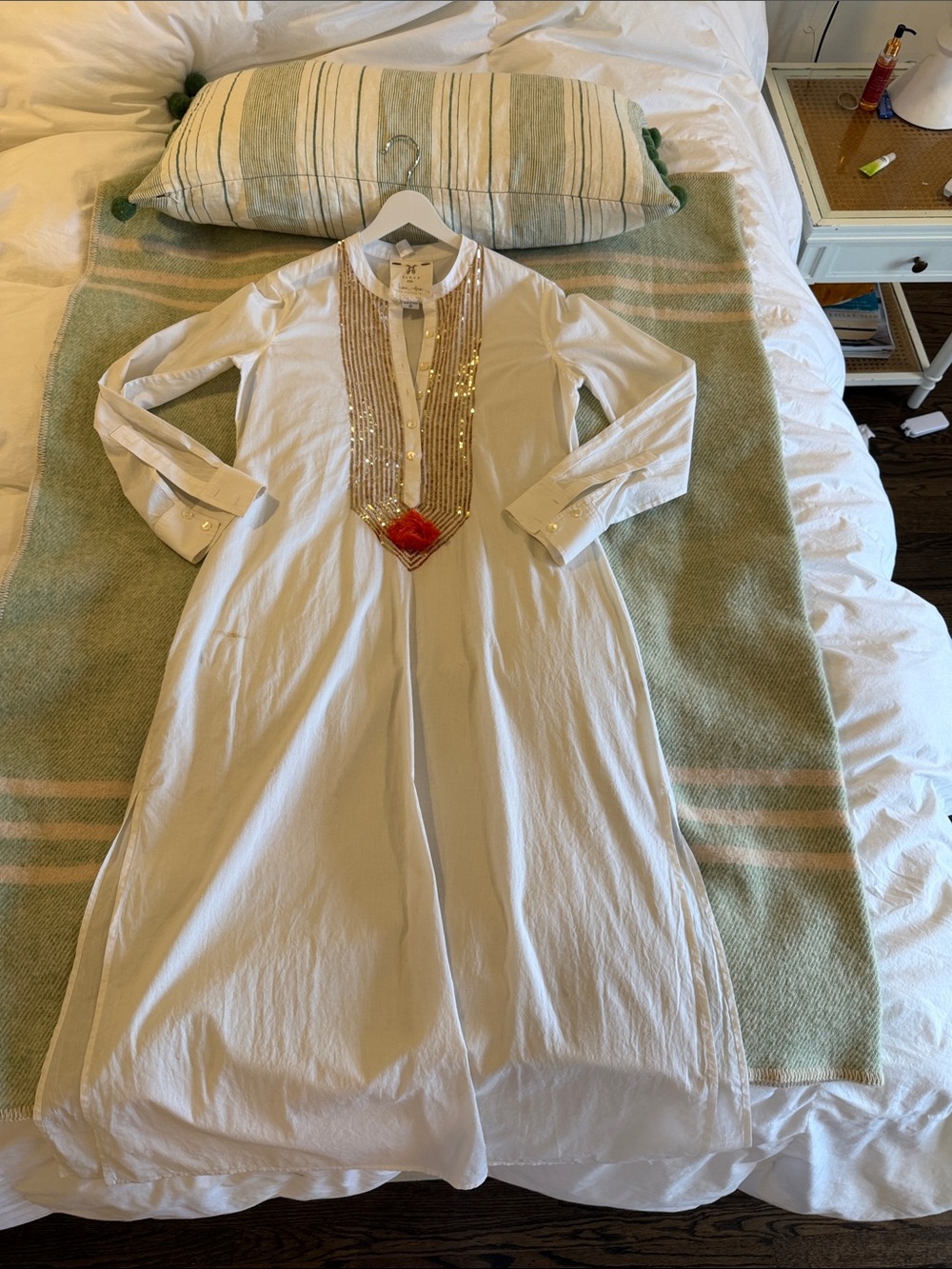 White Long Sleeve Sequin-Trim Formal Dress